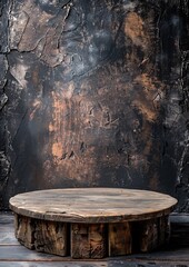 Fototapeta premium round wood log pedestal with old stone wall for display product