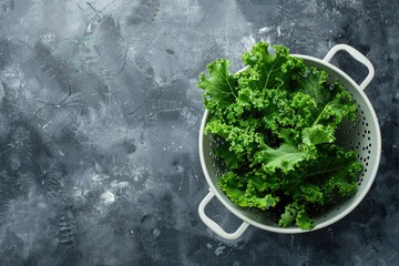 Fresh and Healthy Baby Kale Leaves in a Colander on Gray Stone Background - Ideal Ingredient - Powered by Adobe