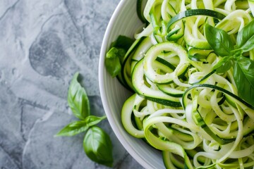 Top view of fresh zucchini noodles in a bowl on the table