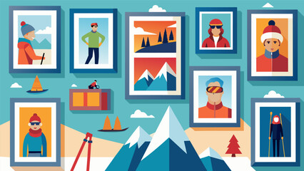 Fototapeta premium A wall of photographs showcases the owners ski trips from the past featuring their own use of retro ski equipment.. Vector illustration