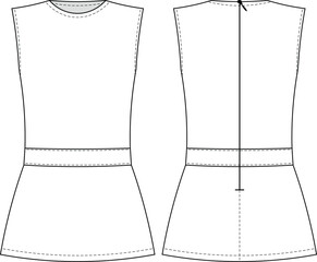 round neck crew neck sleeveeless zippered mini dop waist dress template technical drawing flat sketch cad mockup fashion woman design style model
