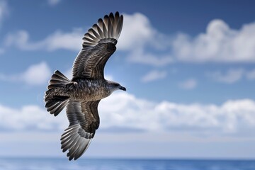 Obraz premium Antarctic Skua in Flight over the Southern Ocean near the Antarctic Peninsula with Stunning Blue