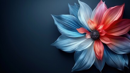   A red, white, and blue flower on a black background with a blue center