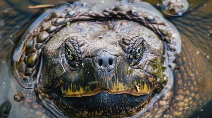 Close-up Portrait of Scary Snapping Turtle Making Eye Contact in its Natural Habitat