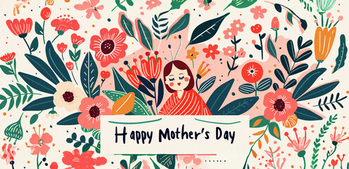  Happy Mother's Day poster  for printing,  floral background. llustration overflows with a lush array of hand-drawn flowers, encircling a serene portrait of a mother. Vibrant spirit of motherhood.