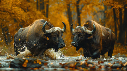two buffaloes fighting for milk