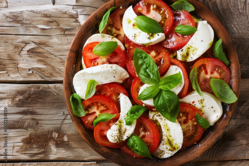 Wall mural traditional caprese salad with mozzarella basil and tomatoes on rustic table overhead shot