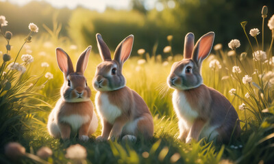 Two cute adorable rabbits sitting in a grassy field. Easter bunnies on spring meadow lawn with green grass and flowers, clear sunny day. Warm and friendly atmosphere, pleasant weather.
