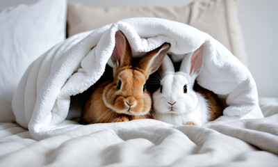 Two rabbits are curled up under a white fluffy blanket on top of the bed. Couple cute Easter bunny baby rabbits laying on cozy background. Pascha, Resurrection Sunday, Christian cultural holiday