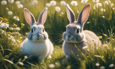 Two cute adorable rabbits sitting in a grassy field. Easter bunnies on spring meadow lawn with green grass and flowers, clear sunny day. Warm and friendly atmosphere, pleasant weather.