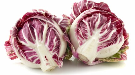Obraz premium A photo of two heads of radicchio, a type of cabbage with red and white leaves.