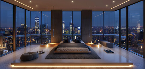 A master bedroom with a panoramic view of the city skyline at night, featuring floor-to-ceiling...