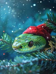 Fototapeta premium green snake with a sanclaus cap.