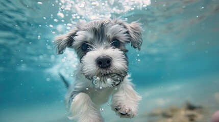 Schnauzer dog  swimming in the water. Underwater portrait.