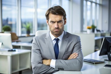 Fototapeta premium Angry businessman sitting at his desk and screaming.