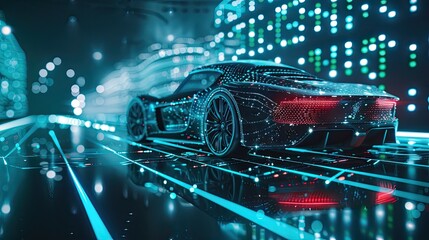 Illustration, outline of a sports car, with elegant lines, integrated into a futuristic background and digital network, dynamic green and blue lights.