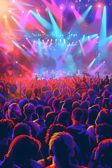 Obraz premium Euphorische Menge: Illustrierte Partycrowd und Festivalbühne als Hintergrund für Flyer und Plakate