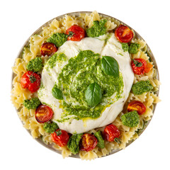 Farfalle pasta with burrata cheese, cherry tomatoes and green pesto on gray plate isolated on white background.