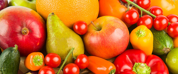 A set of fruits and vegetables. background. Wide photo.