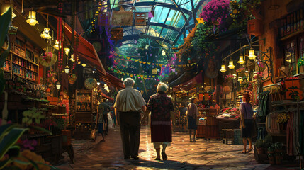 Obraz premium An ancient couple strolling hand in hand through a vibrant marketplace, their faces beaming with joy as they take in the sights and noises around them.