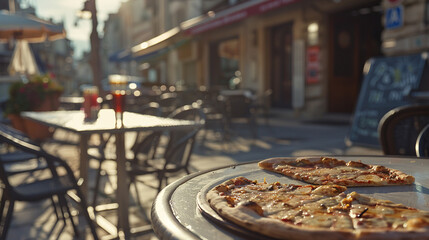 Sunny day cozy outdoor cafe sunny day, fresh pizza served hot, urban dining experience