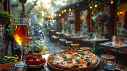 Crisp evening cozy outdoor cafe, pizza fresh tomato basil, chilled beer glasses