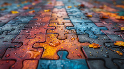 Colorful puzzle pieces wet from rain, depicting autumn leaves and vibrant hues