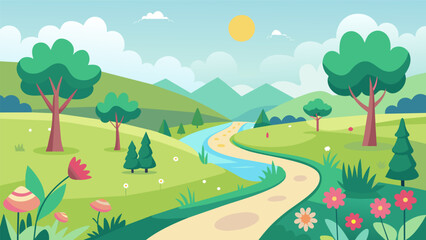 Obraz premium A sprawling park filled with wildflowers and gentle streams where you can jog and do cardio exercises in a peaceful natural setting.. Vector illustration