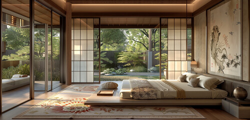 A master bedroom with an Eastern influence, featuring a low platform bed, silk embroidered textiles, sliding shoji screens, 