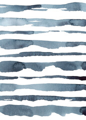 Hand painted watercolor abstract navy blue free form stripes on white background for your design