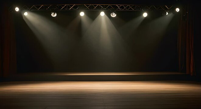 An empty stage illuminated by a single dramatic spotlight, suggesting anticipation of a performance or event