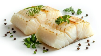 Image shows two pieces of white fish fillets with parsley and peppercorns scattered around them on a white background.