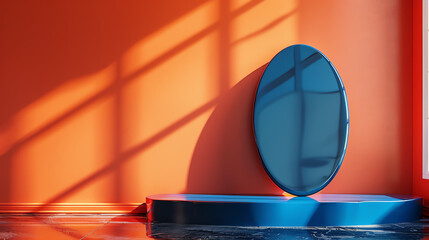 A bold cobalt blue oval podium against a tangerine background, perfectly suited for displaying...