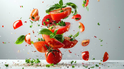 Fresh red tomatoes and vegetables on white background - Powered by Adobe