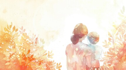 Tender Motherhood: Illustration of Mother and Children in Light Colors - obrazy, fototapety, plakaty