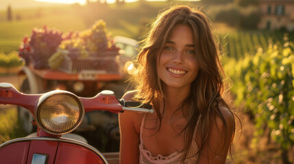 Fototapeta premium young beautiful girl on a vintage scooter, summer day in Toscana