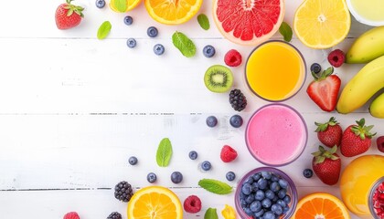Variety of fresh fruit smoothies and juices on white wooden background