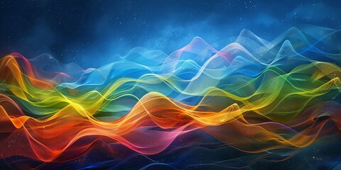 Obraz premium Vivid Dreams: Colorful Abstract Waves Floating on a Dark Blue Background - Modern Art, Vibrant Colors, Fluid Dynamics, Creative Digital Art