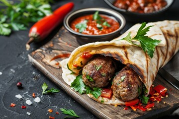 Traditional Turkish wrap with kebab and meatball