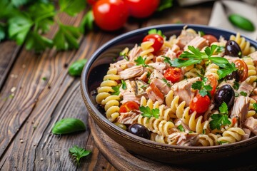 Traditional tuna pasta salad with olives and tomato