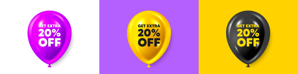 Birthday balloons 3d icons. Get Extra 20 percent off Sale. Discount offer price sign. Special offer symbol. Save 20 percentages. Extra discount text message. Party balloon banners with text. Vector