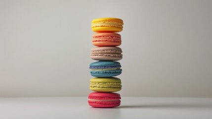  A tower of colorful macarons, each one perfectly formed, on a solid white surface

