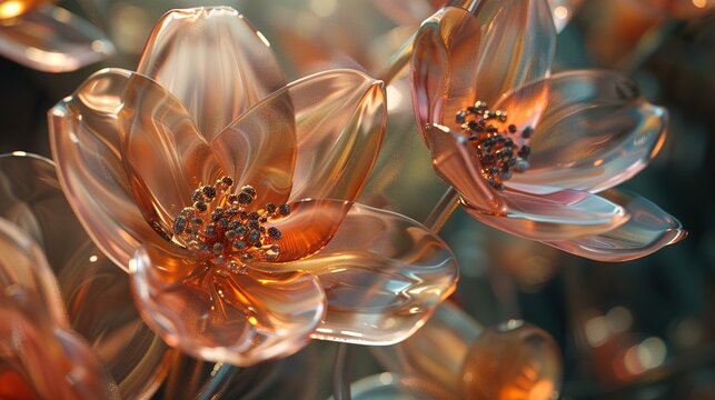 a close-up 8K shot of a glass floral decoration, with each petal delicately shaped to resemble nature's perfection, enhanced by the surrounding ambient light.