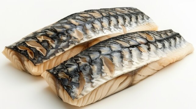 Two pieces of delicious smoked mackerel fillets on a white background.