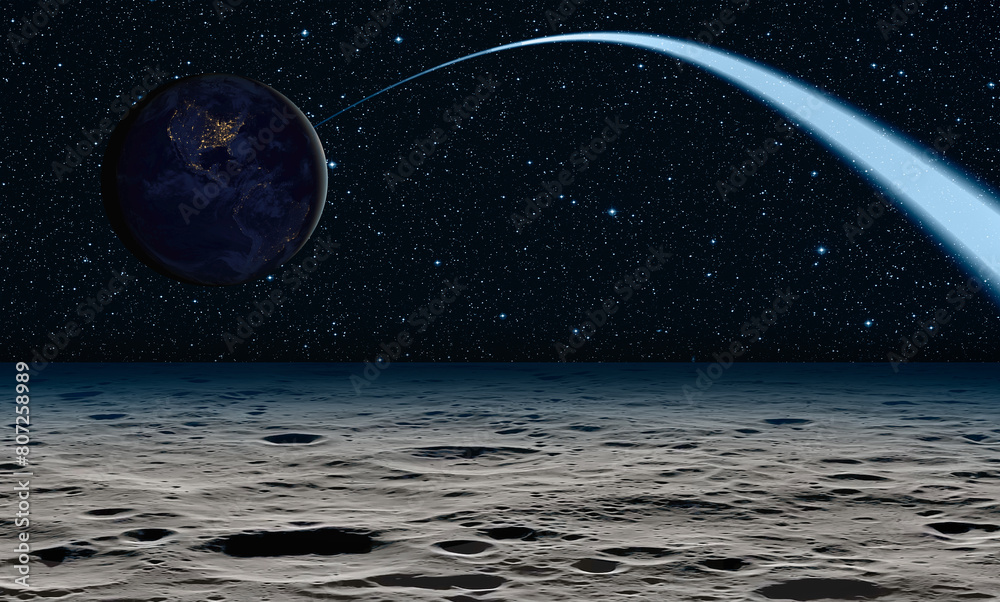 Poster long exposure night time rocket launch - the moon as seen from the surface of the earth 