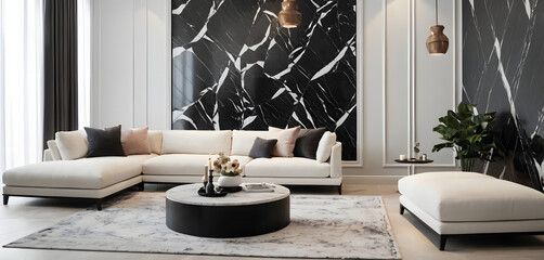 Modern cozy living room and white marble and black pattern wall texture background interior design - obrazy, fototapety, plakaty