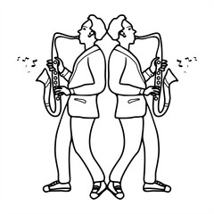 line art illustration of two men playing the saxophone musical instrument back to back