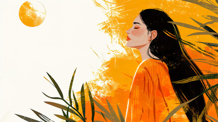 Tranquil Woman with Orange Moon Illustration