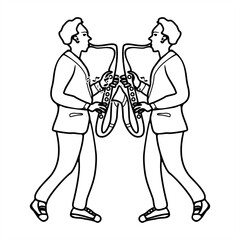 line art illustration of two men playing the saxophone musical instrument facing each other