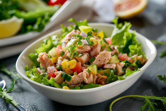 Tuna salad with corn on white plate